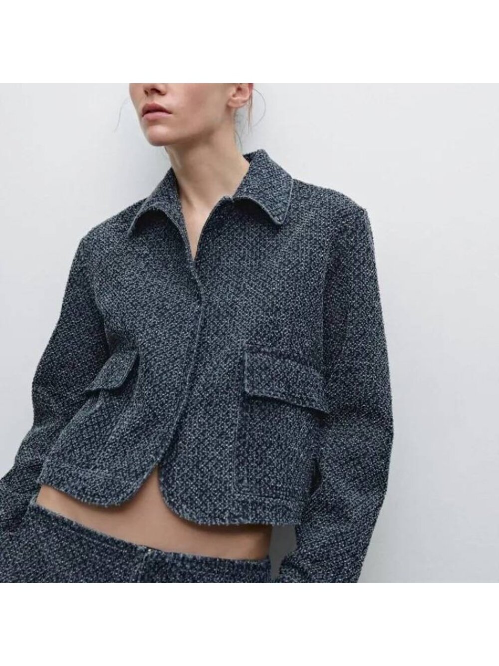 Massimo Dutti Womens Cropped Jacket Blue Textured Tweed Blazer Large 6762/762 NW